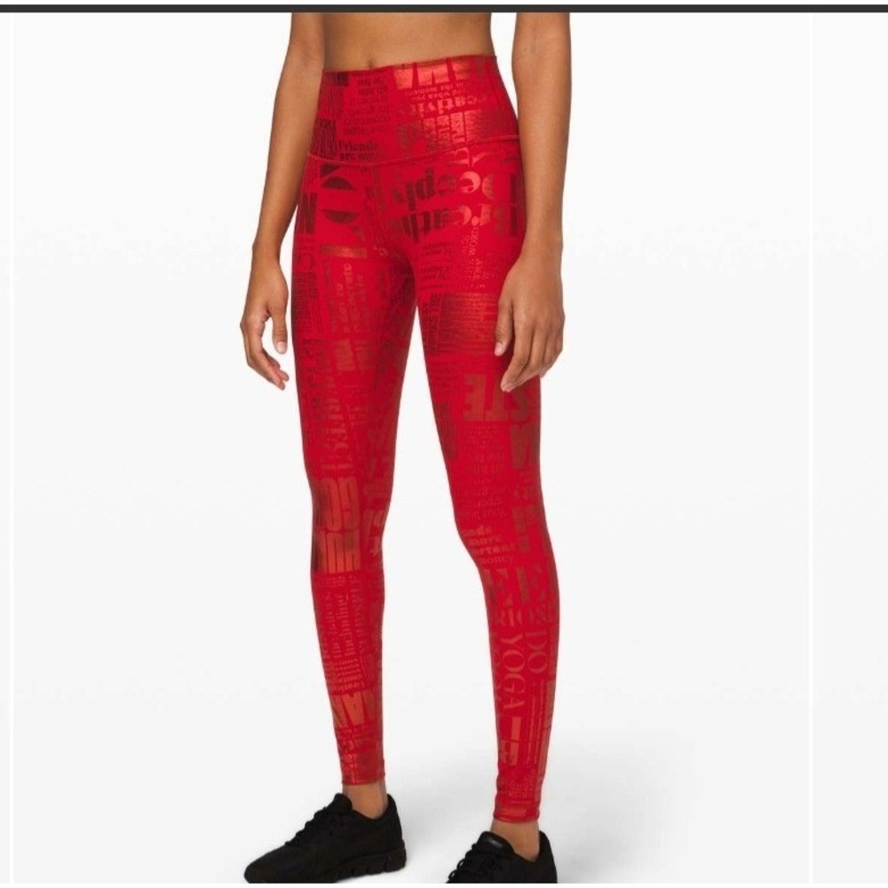 Lululemon Wunder Under High-Rise‎ Tight 28 Dark Red Metallic Newspaper Foil Sz 4
